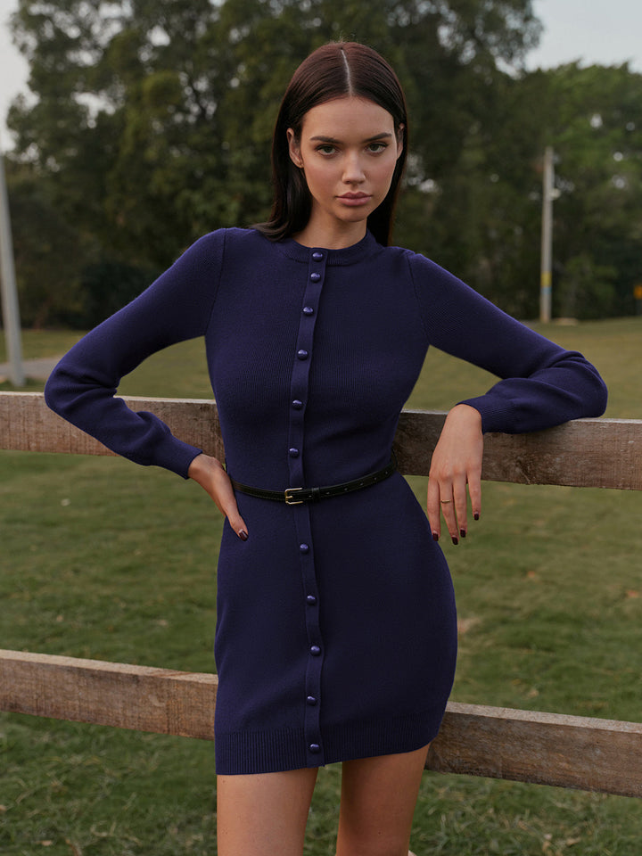 Knopfdekor-Pullover Kleid mit Hüftabdeckung und Gürtel