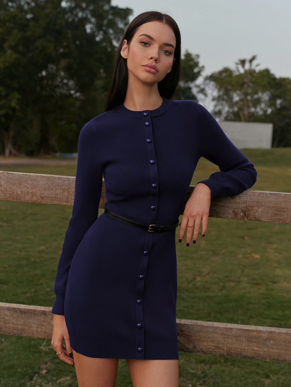 Knopfdekor-Pullover Kleid mit Hüftabdeckung und Gürtel