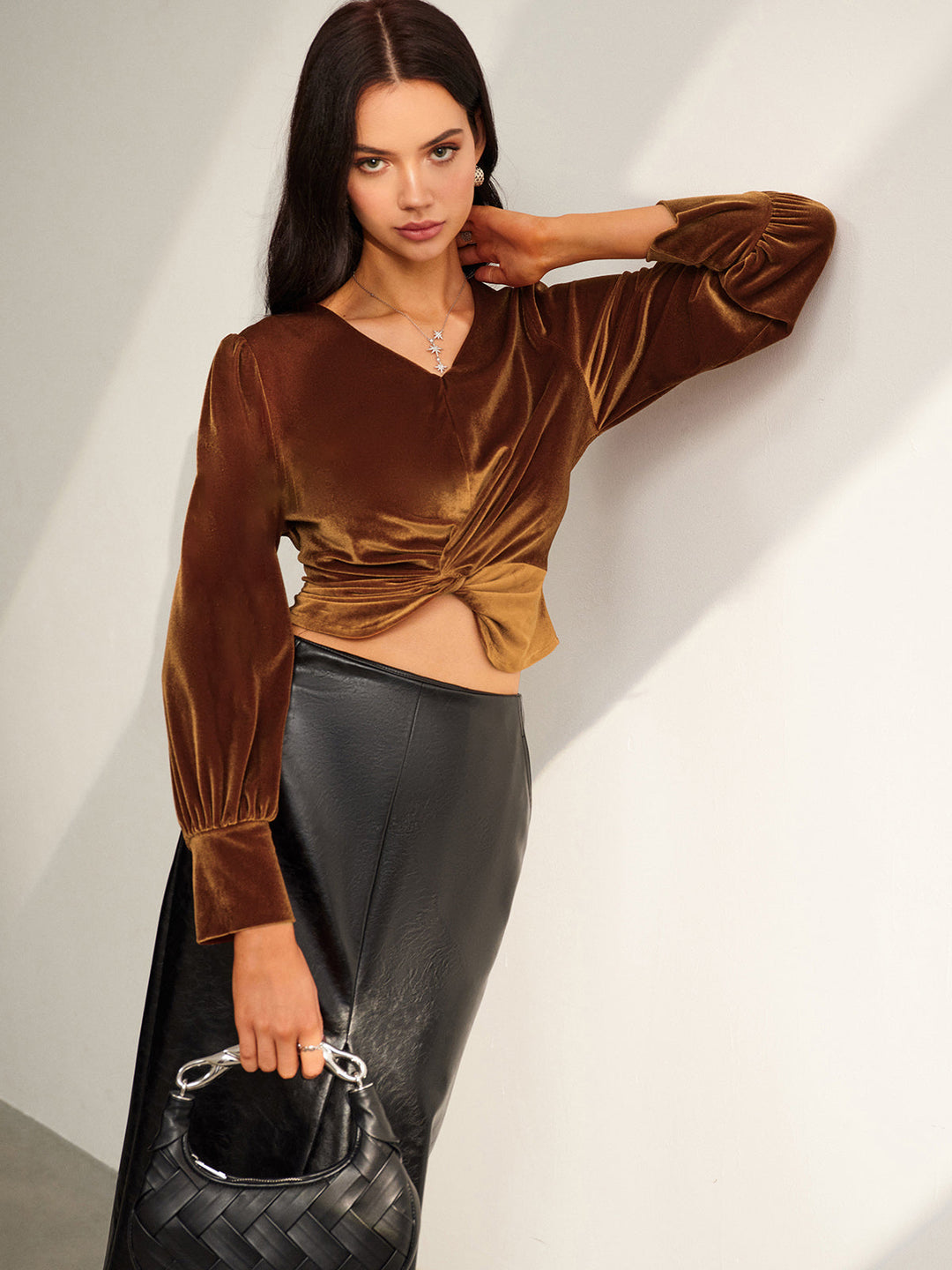 Samt Falten Schlank Bluse