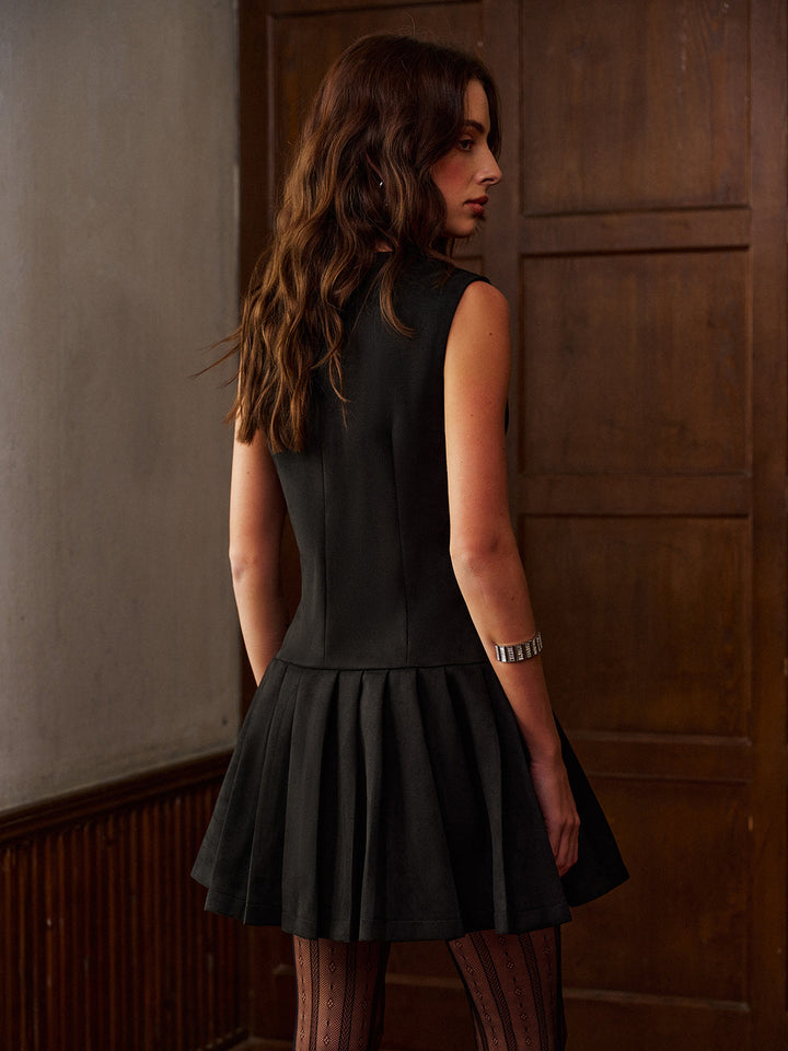 V-Ausschnitt Wildleder Falten-Tank-Minikleid