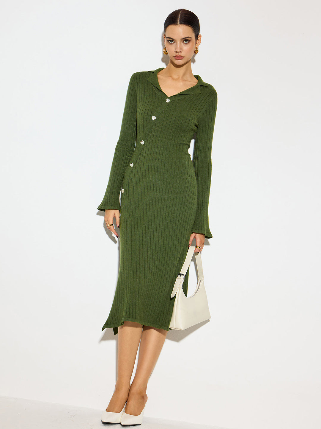 V-Ausschnitt Revers Pullover Midi Kleid