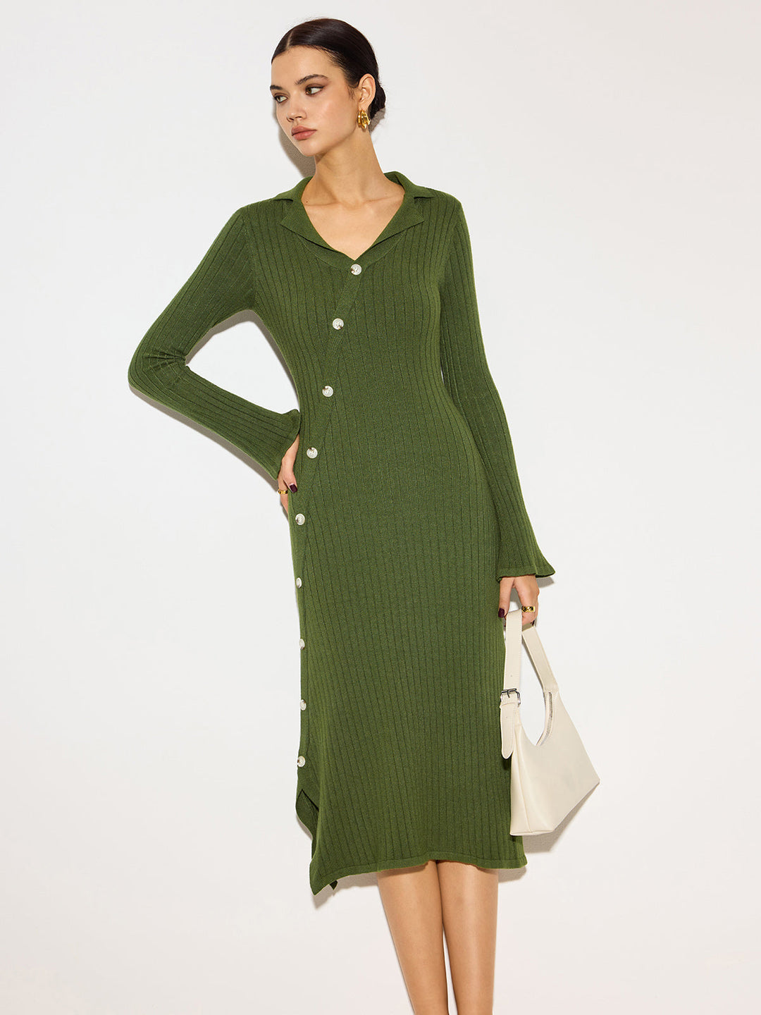V-Ausschnitt Revers Pullover Midi Kleid