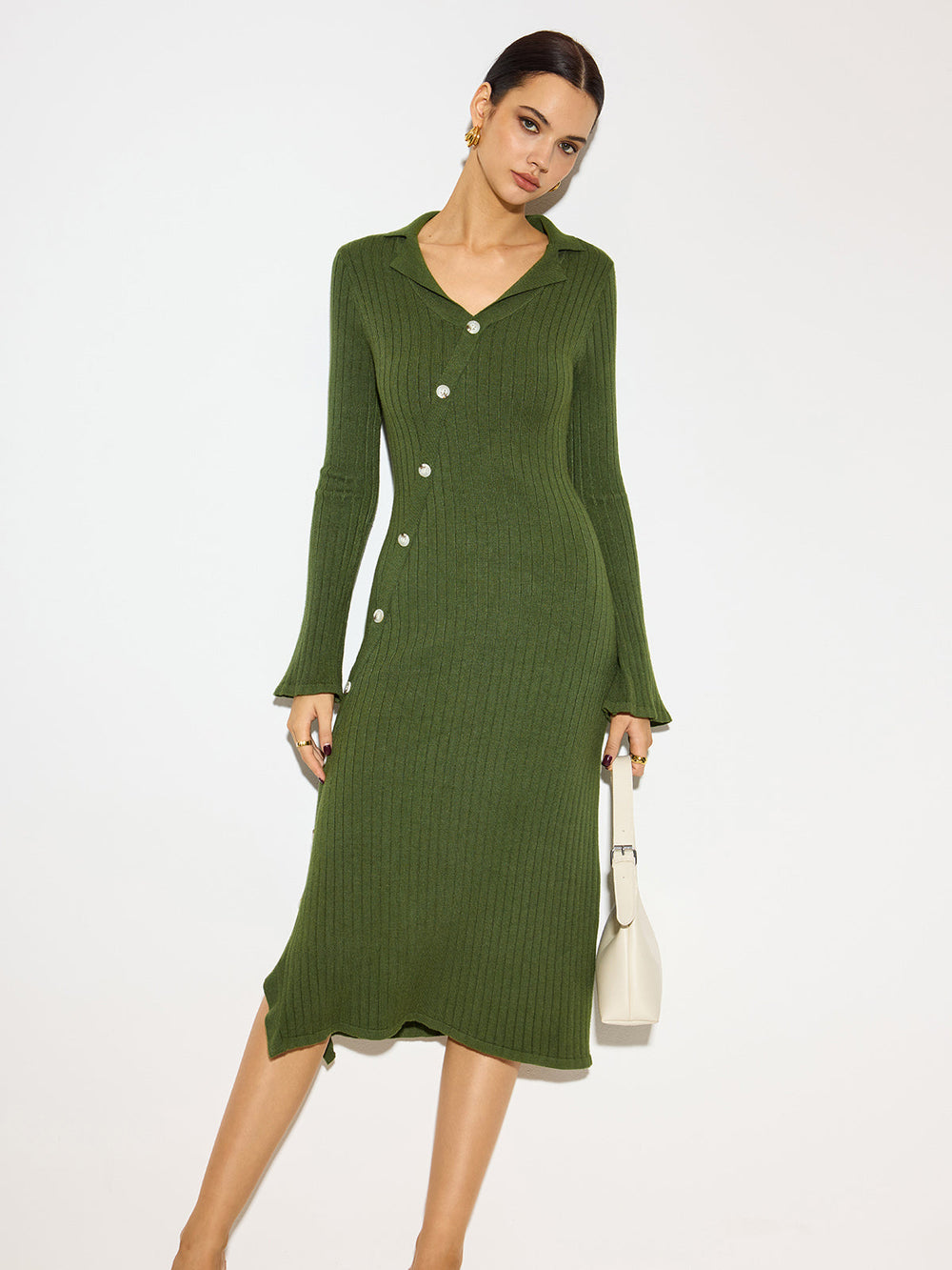 V-Ausschnitt Revers Pullover Midi Kleid