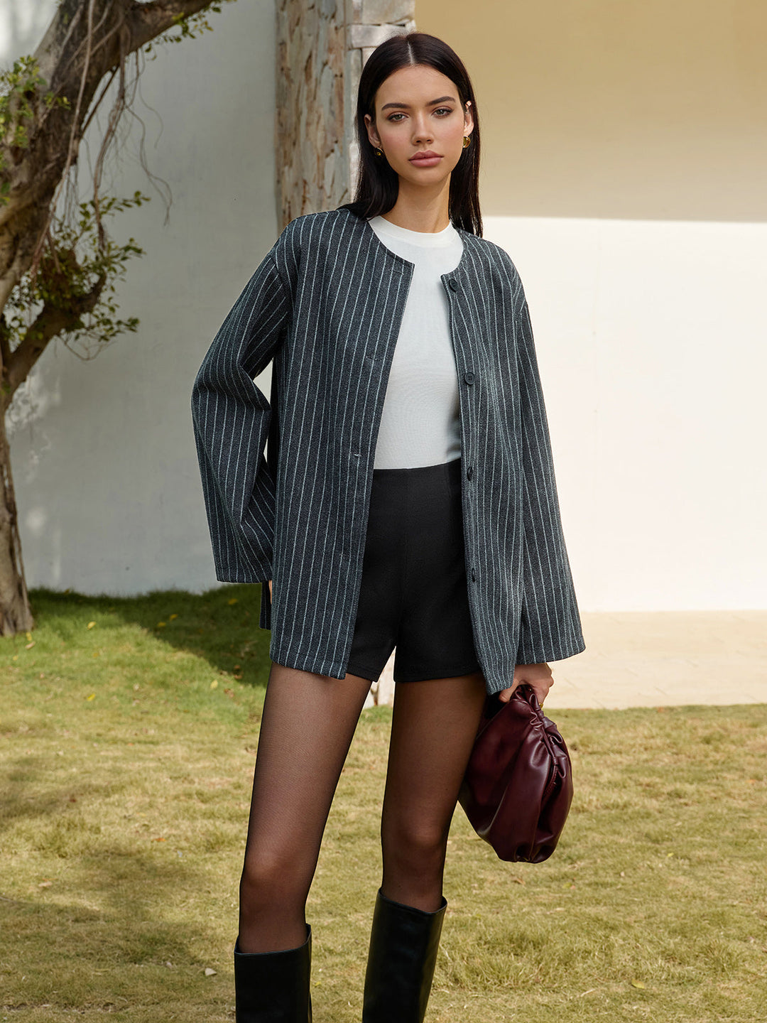 Pinstripe Button Blazer With Matching Tassel Scarf