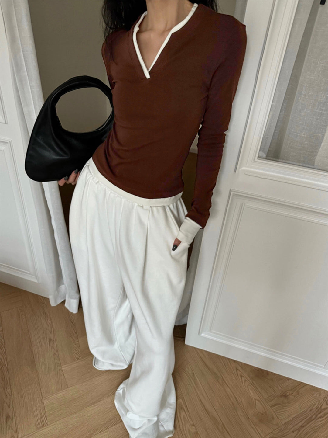2 in 1 V-Ausschnitt Jersey-Top mit Kontrastbesatz