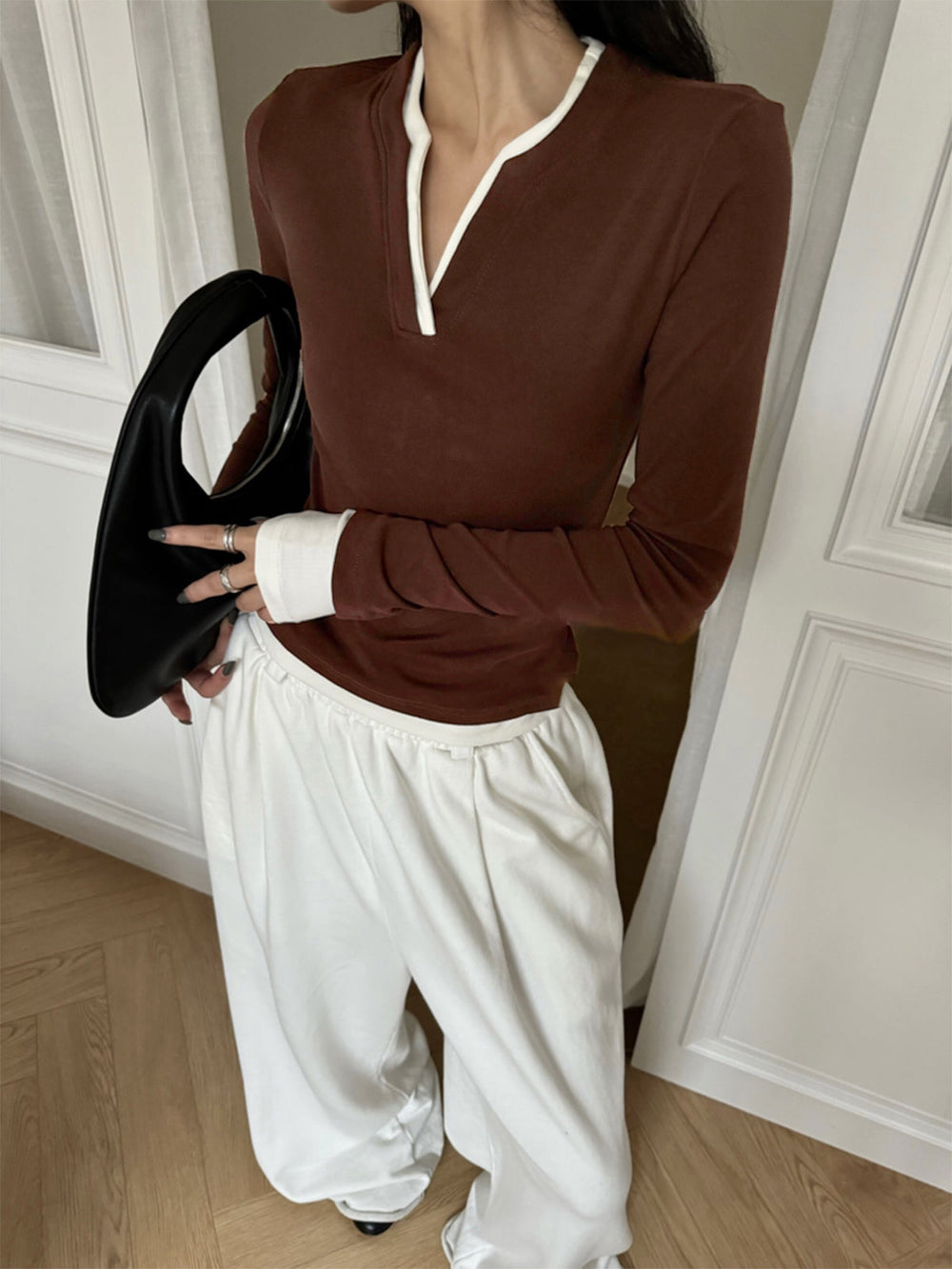 2 in 1 V-Ausschnitt Jersey-Top mit Kontrastbesatz