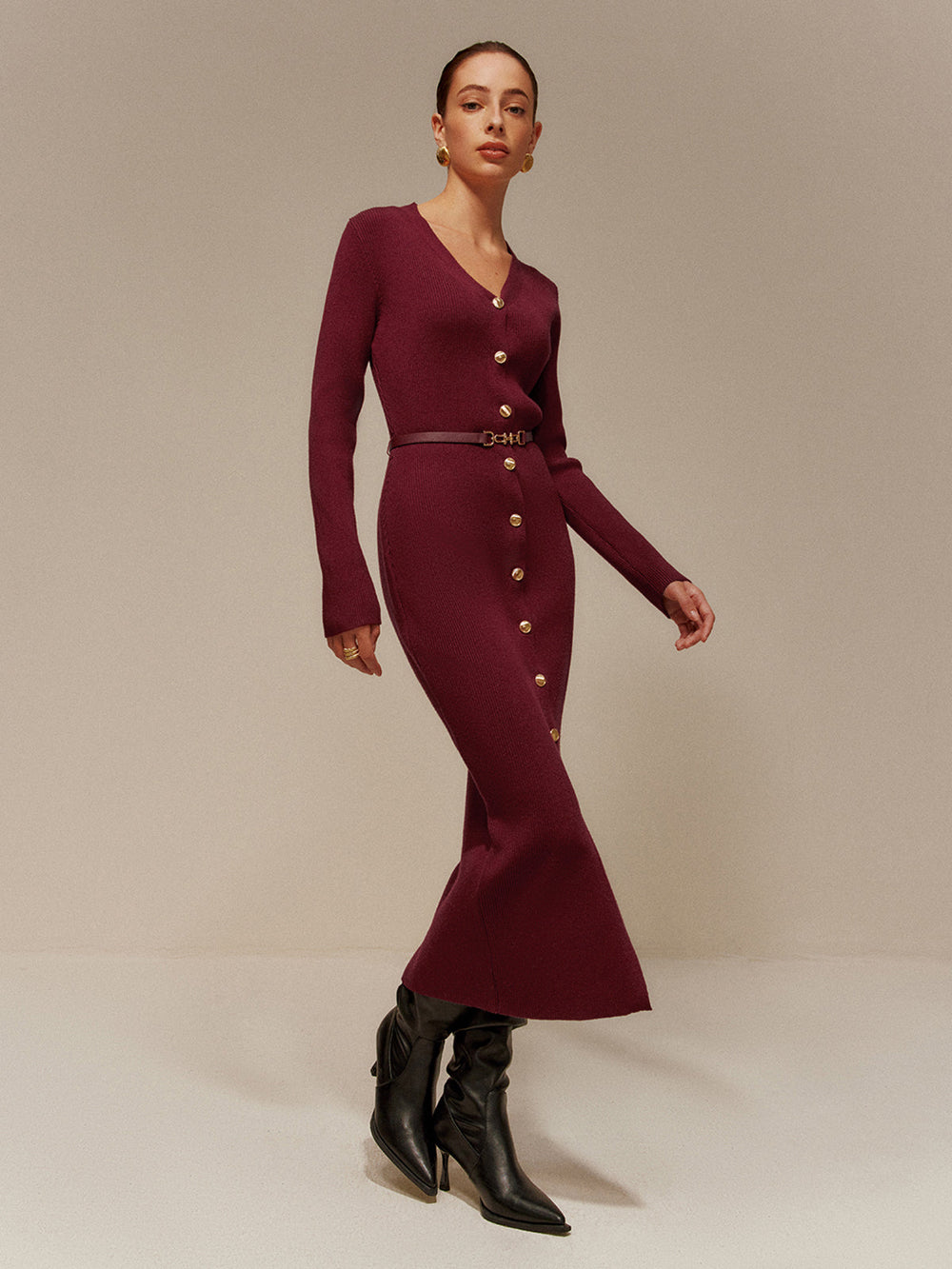 V-Ausschnitt Gepolsterter Gürtel Pullover Kleid