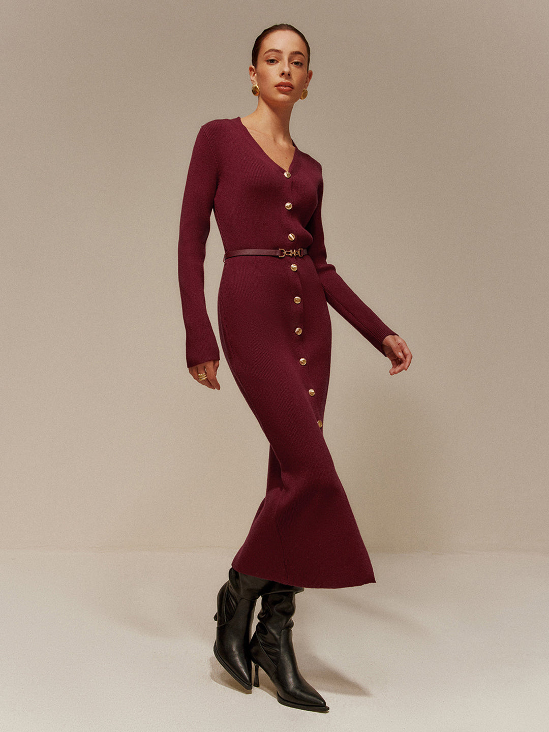 V-Ausschnitt Gepolsterter Gürtel Pullover Kleid
