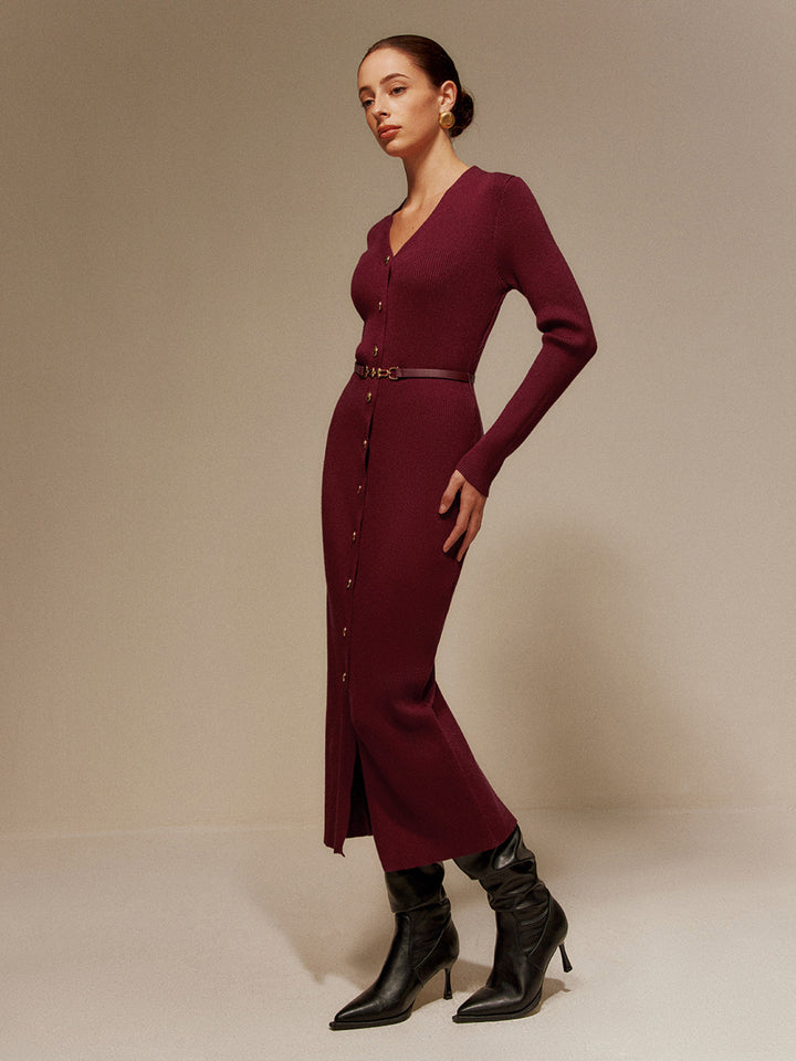 V-Ausschnitt Gepolsterter Gürtel Pullover Kleid