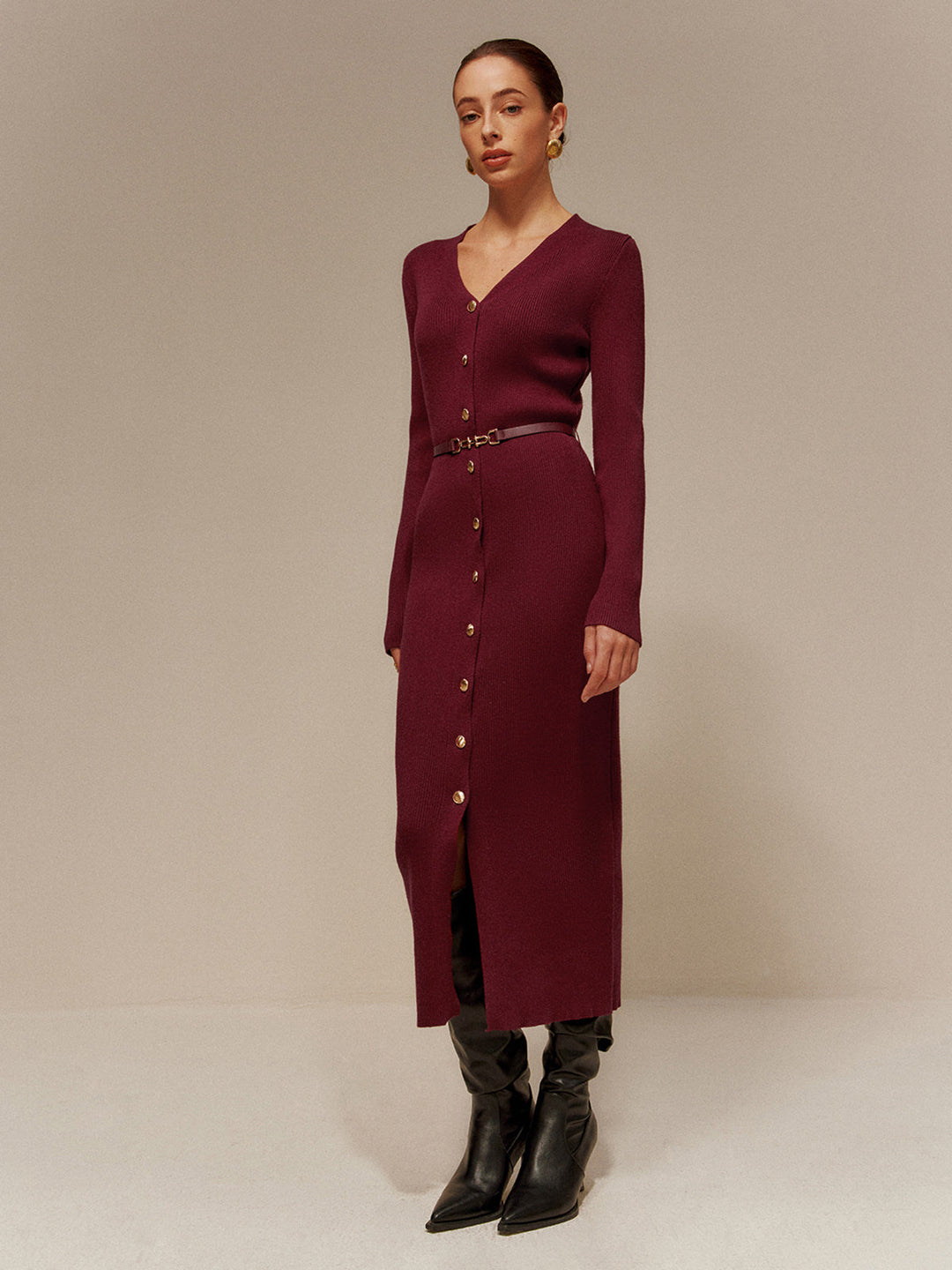 V-Ausschnitt Gepolsterter Gürtel Pullover Kleid