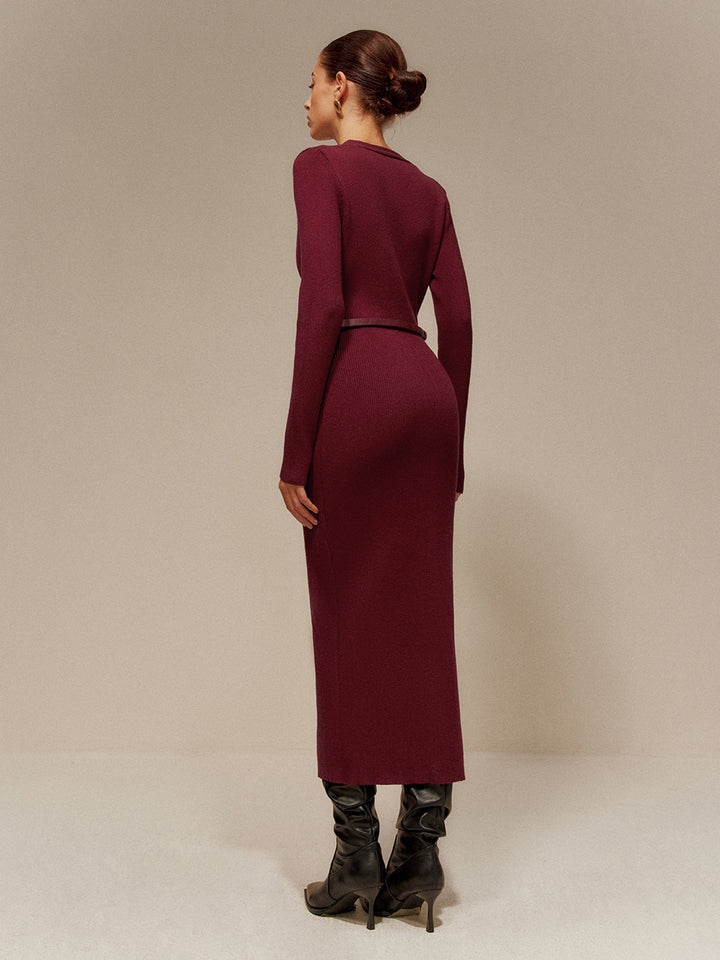 V-Ausschnitt Gepolsterter Gürtel Pullover Kleid