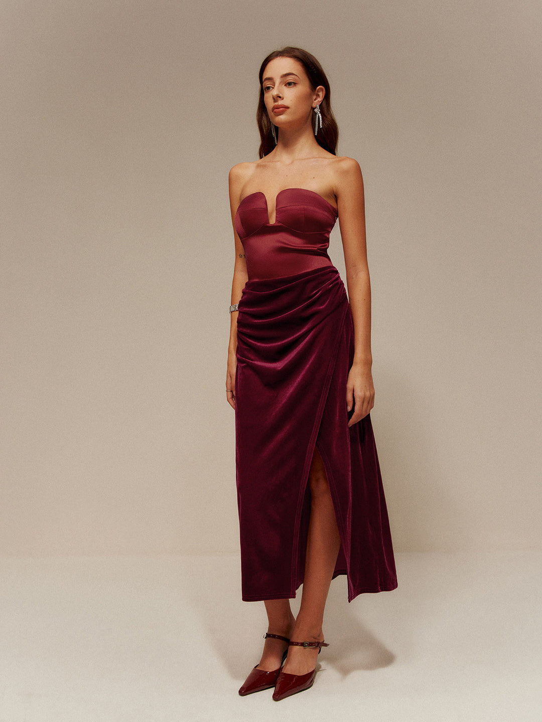 Satin-Panel-Samt-Falten-Röhrenkleid