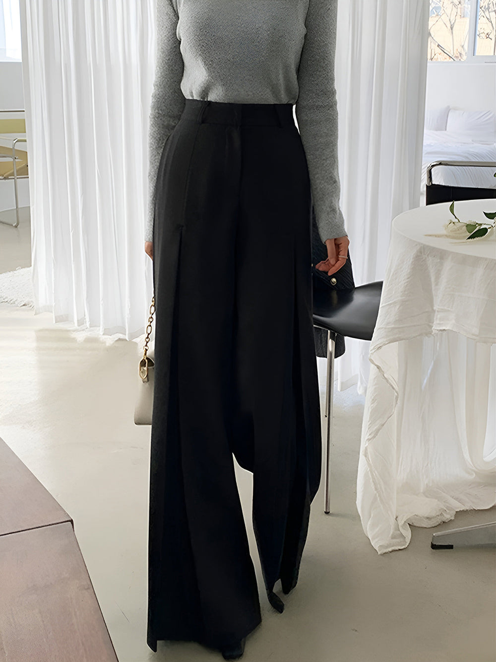 High-Waist Plissé Hosen mit weitem Bein
