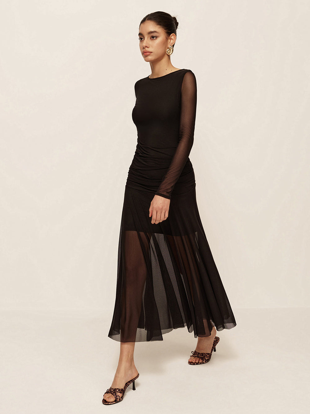 Sheer Plissee Saum Langarm Gerafftes Kleid