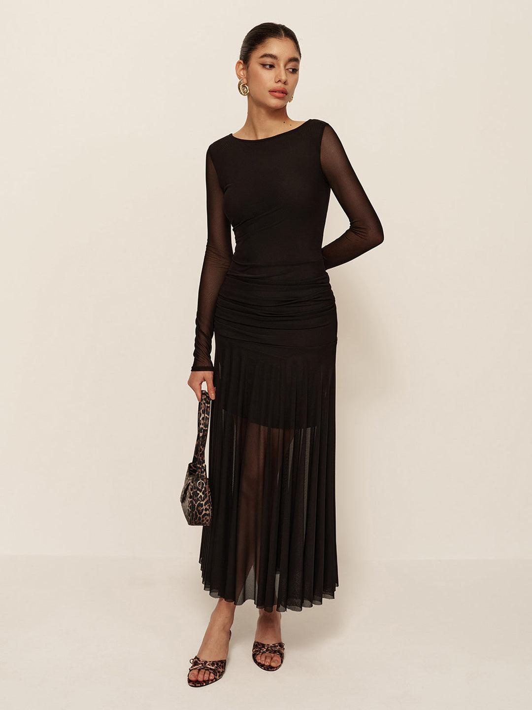 Sheer Plissee Saum Langarm Gerafftes Kleid