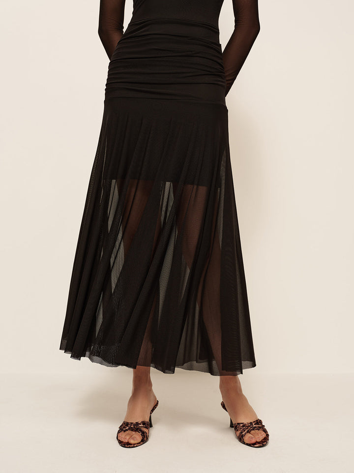 Sheer Plissee Saum Langarm Gerafftes Kleid