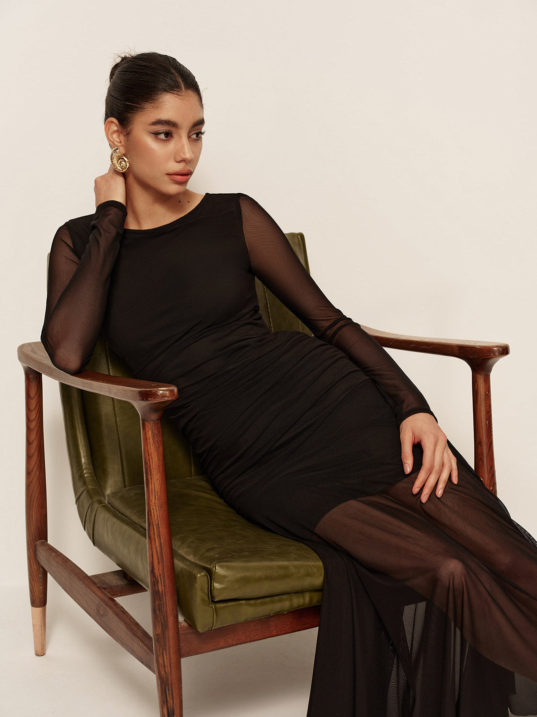 Sheer Plissee Saum Langarm Gerafftes Kleid