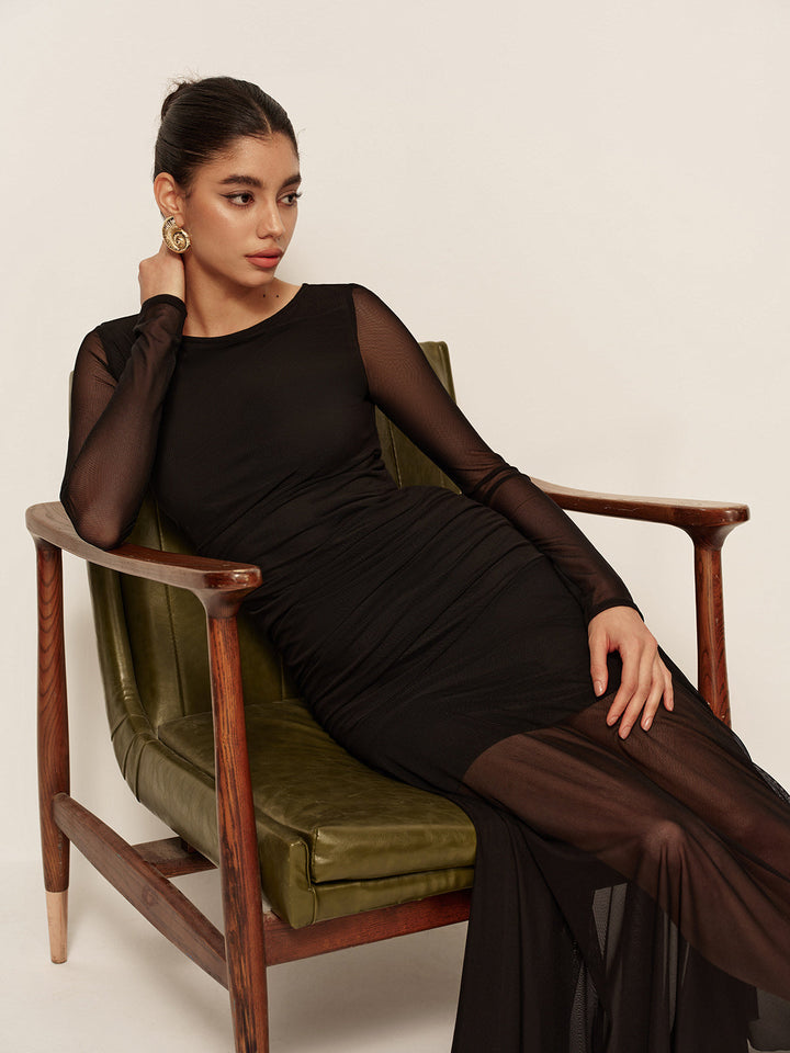 Sheer Plissee Saum Langarm Gerafftes Kleid