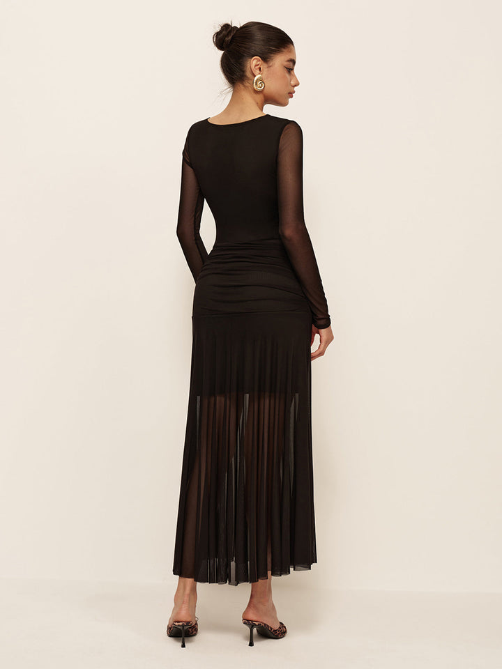 Sheer Plissee Saum Langarm Gerafftes Kleid