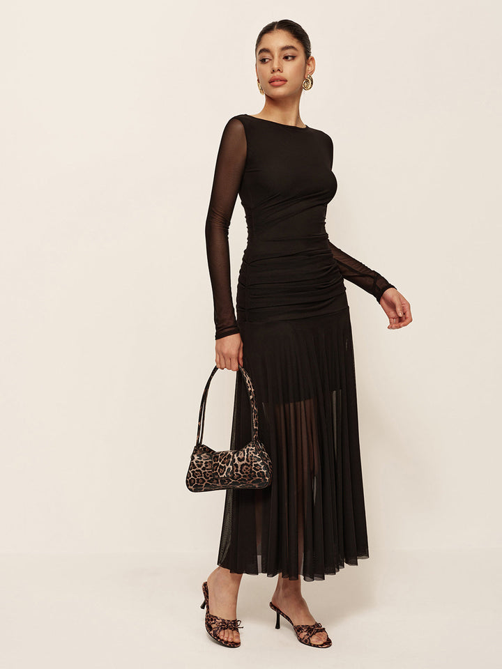 Sheer Plissee Saum Langarm Gerafftes Kleid