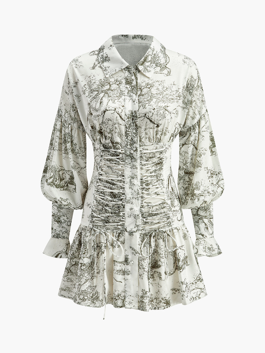 Kleid mit Blumenmuster und Puffärmeln mit Kordelzug vorne