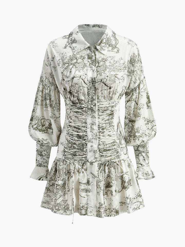 Kleid mit Blumenmuster und Puffärmeln mit Kordelzug vorne