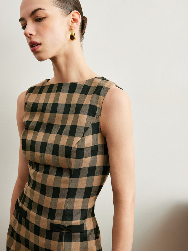 Vintage kariertes ärmelloses Kleid mit Schleife