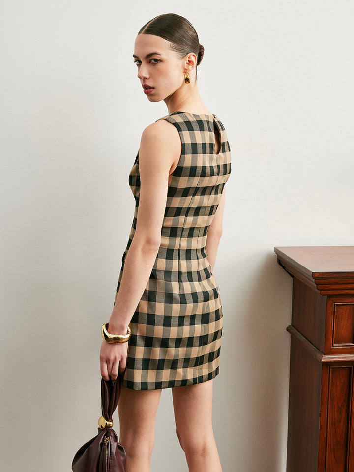 Vintage kariertes ärmelloses Kleid mit Schleife