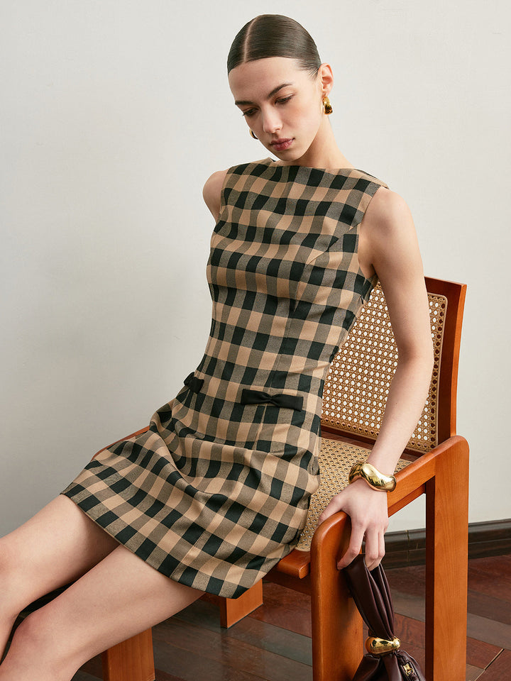 Vintage kariertes ärmelloses Kleid mit Schleife