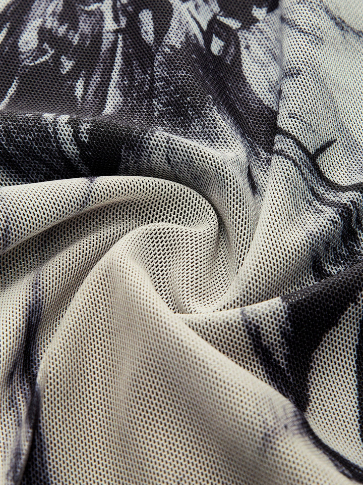 Mock-Neck-Kleid mit Print aus Mesh