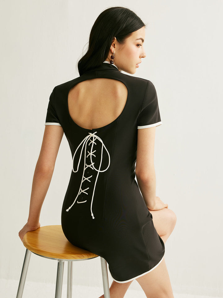 Colorblock Cut Out Drawstring Kleid