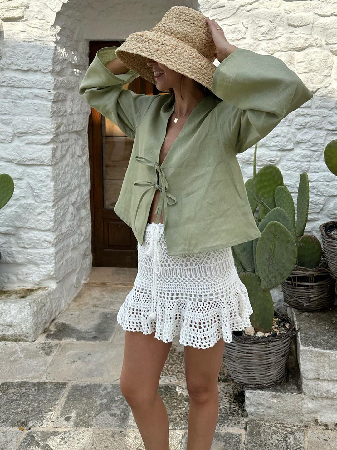 Oversized Langarm-Bluse mit Bindung vorne