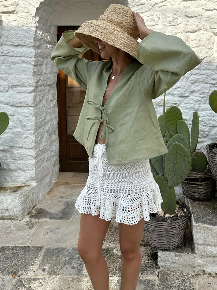 Oversized Langarm-Bluse mit Bindung vorne