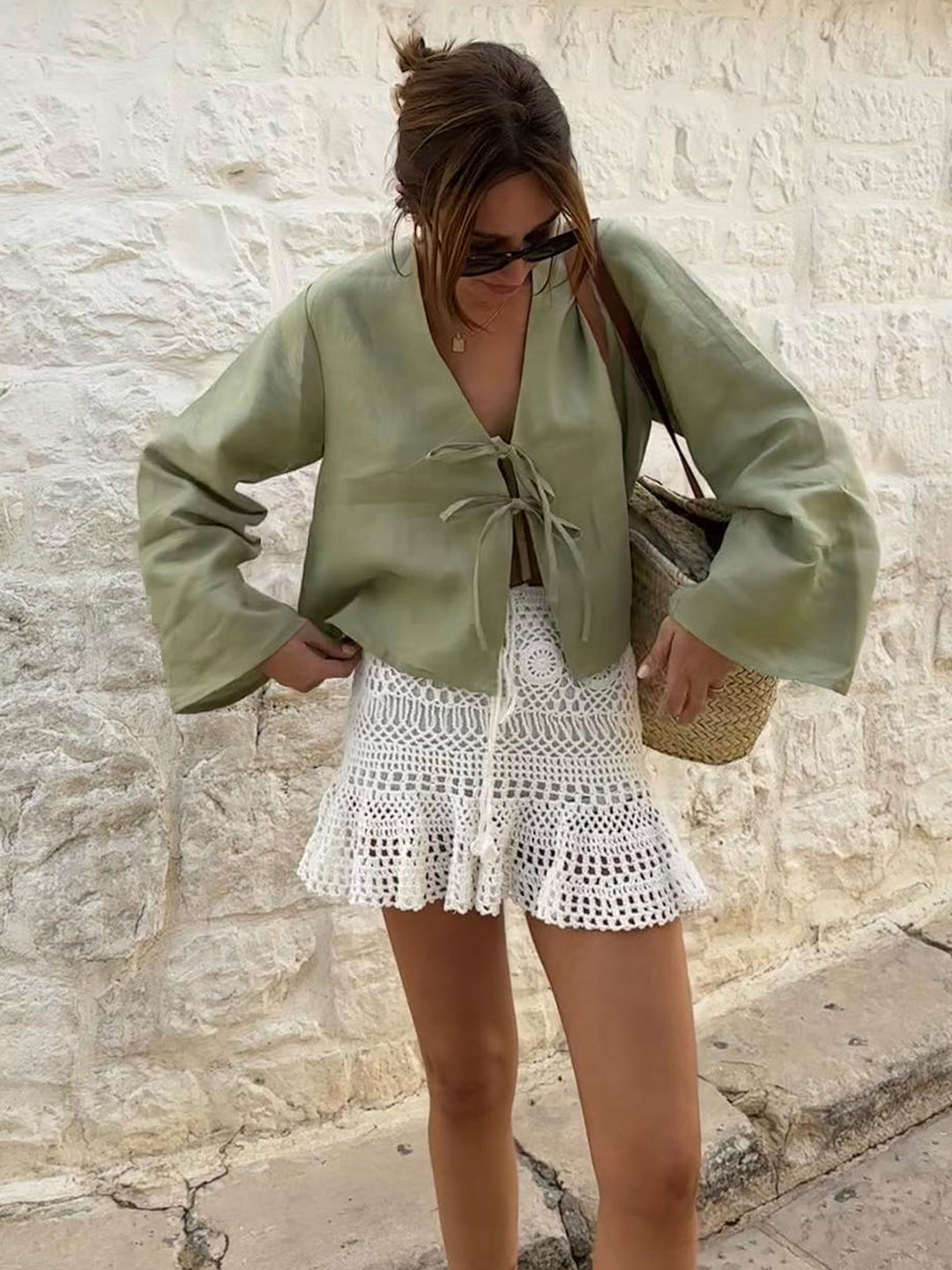 Oversized Langarm-Bluse mit Bindung vorne