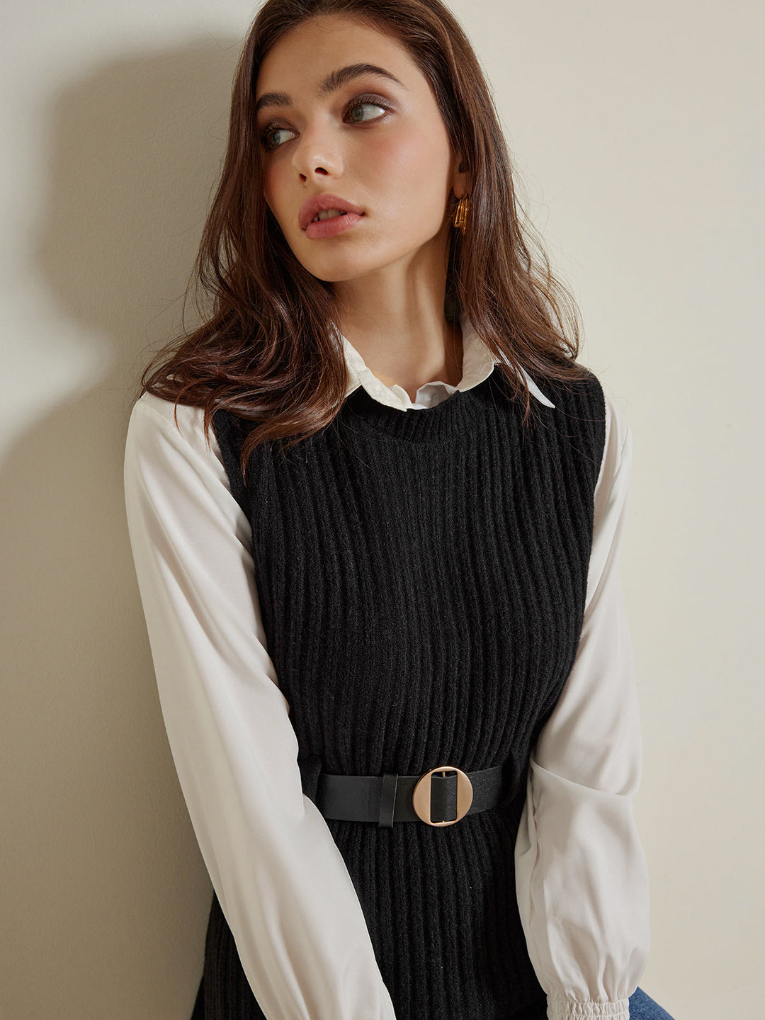 Zweiteiler Gürtel Pullover mit Poloshirt