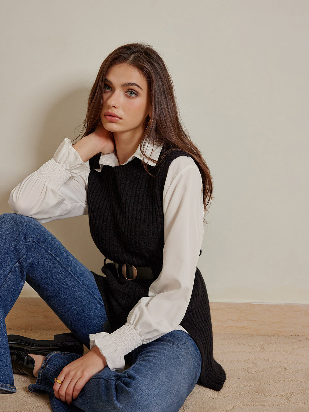 Zweiteiler Gürtel Pullover mit Poloshirt