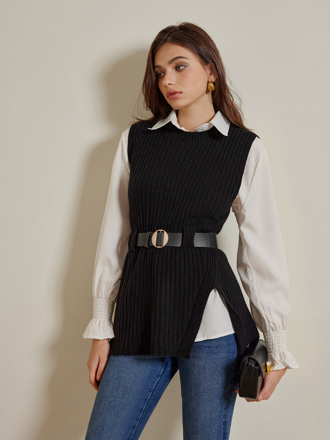 Zweiteiler Gürtel Pullover mit Poloshirt