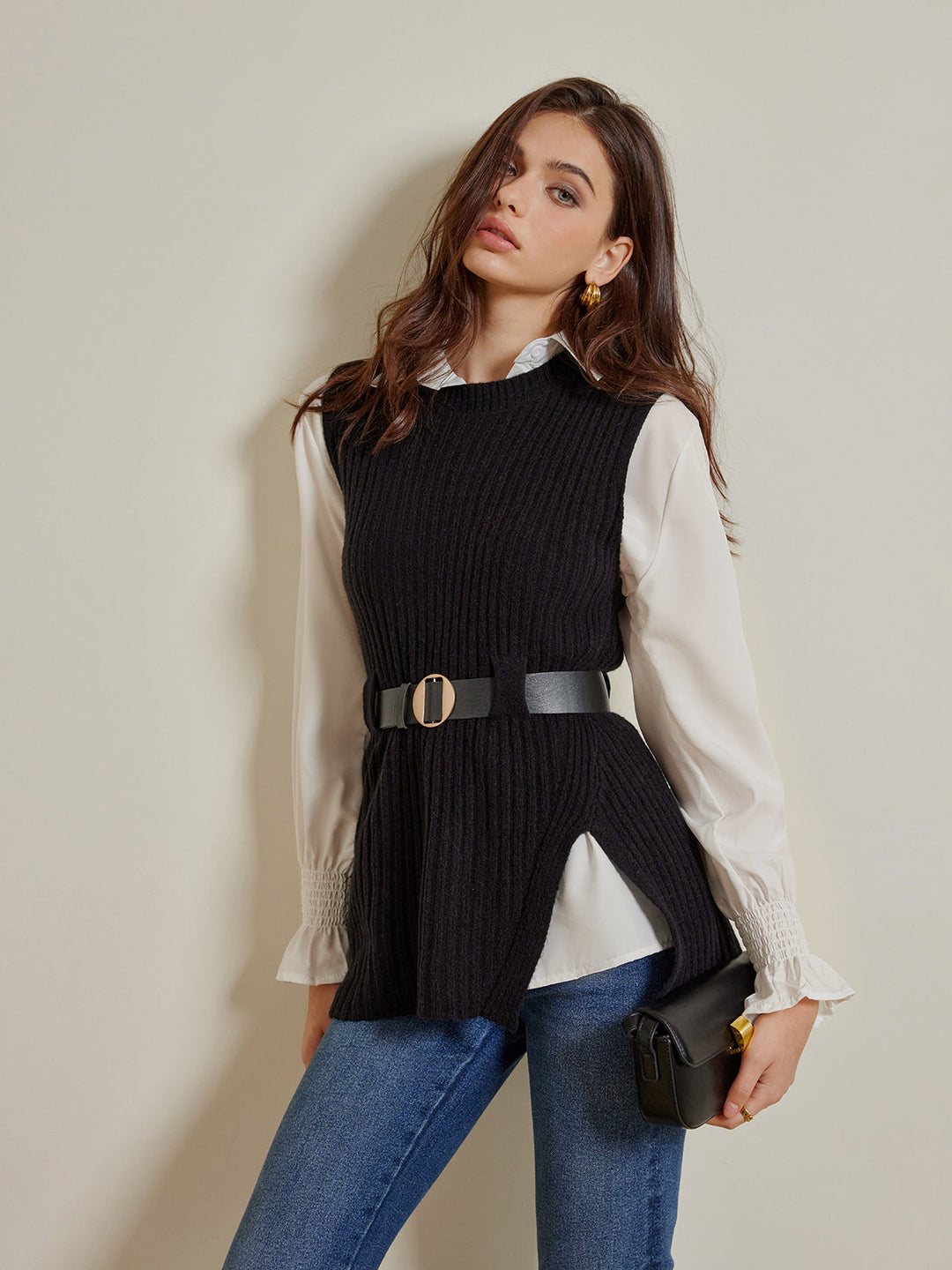 Zweiteiler Gürtel Pullover mit Poloshirt