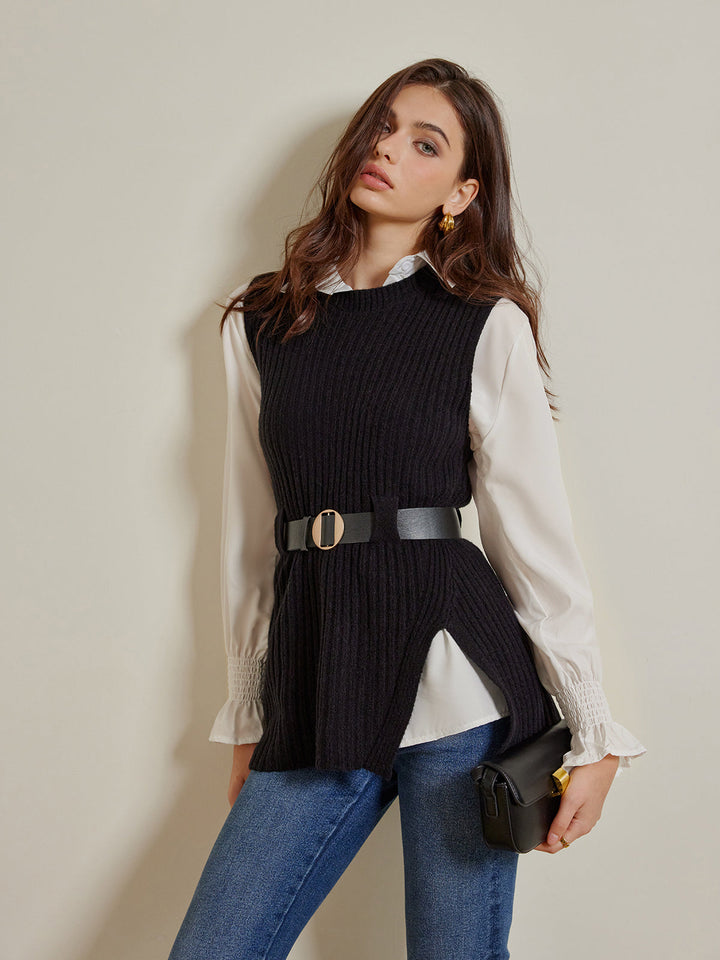 Zweiteiler Gürtel Pullover mit Poloshirt