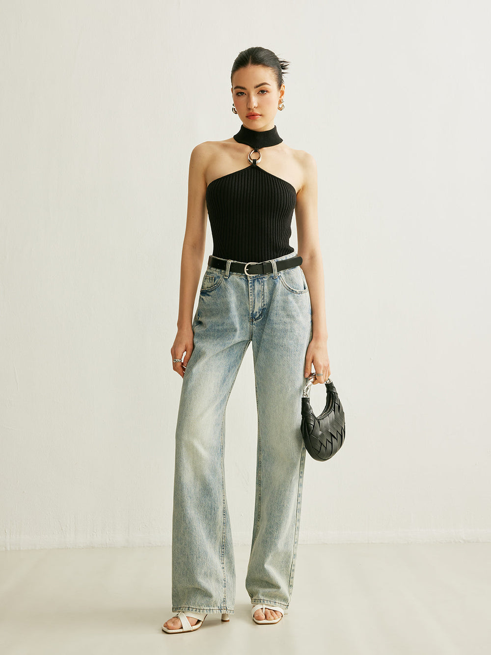 Ring Detail Geripptes Neckholder-Top