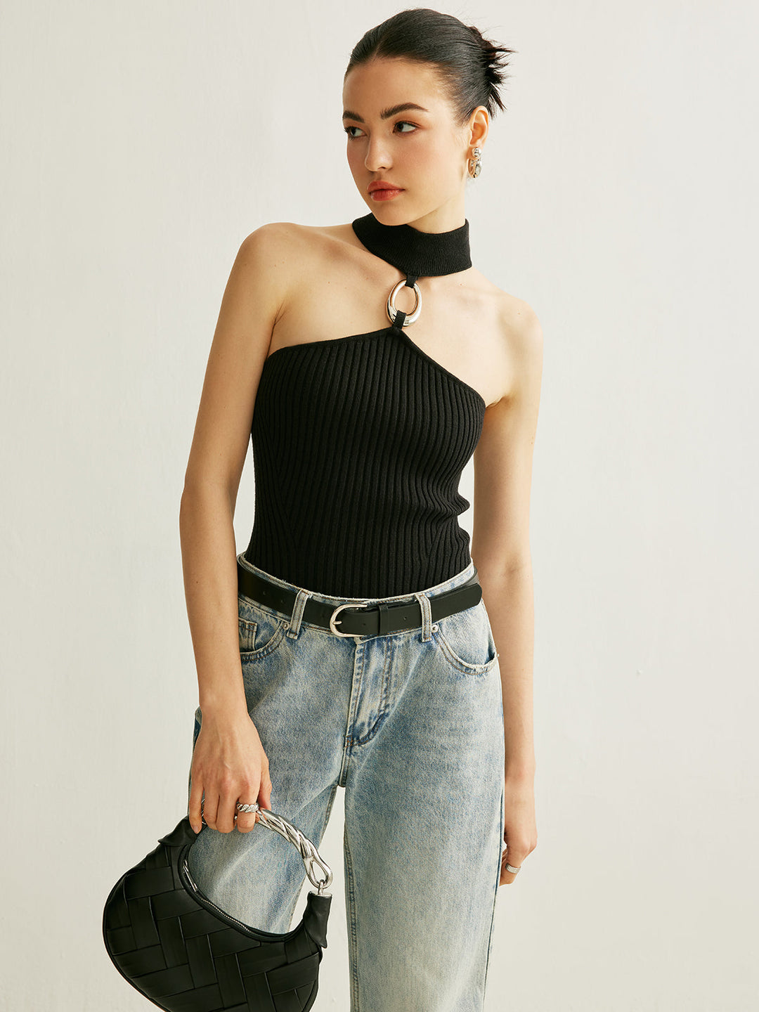 Ring Detail Geripptes Neckholder-Top
