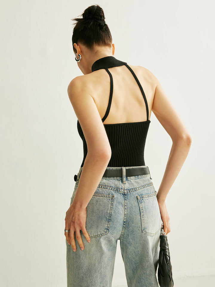 Ring Detail Geripptes Neckholder-Top