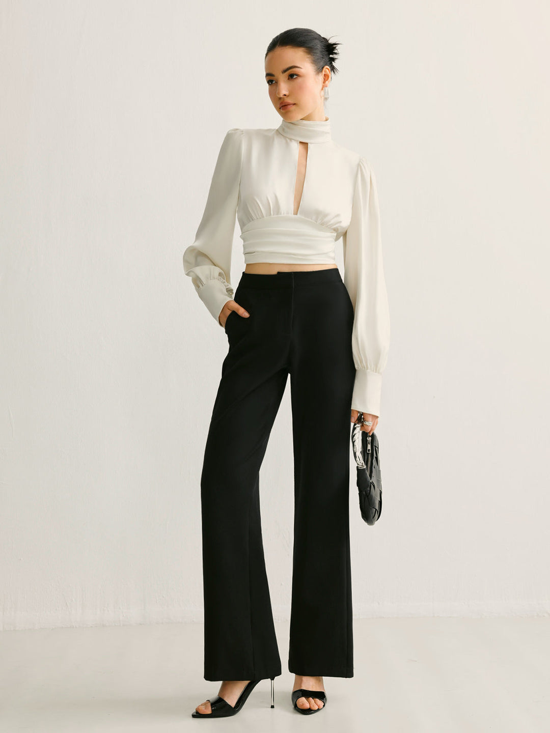 Backless Side Pleated Satin Blouse
