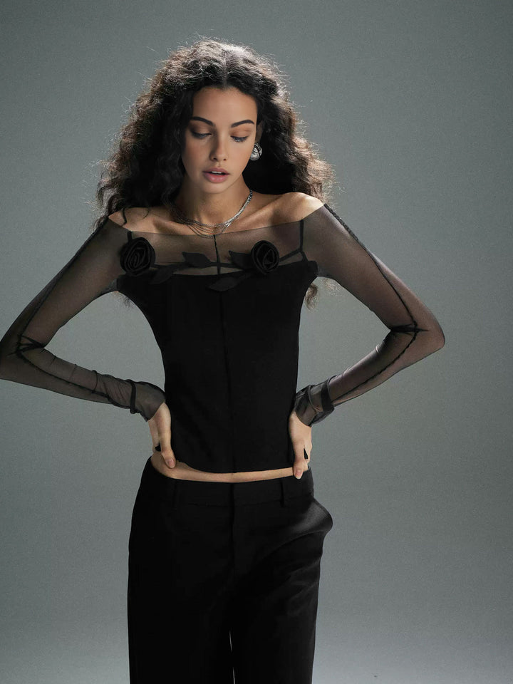 3D-Blumen-Off-Shoulder-Sheer-Mesh-Panel-T-Shirt