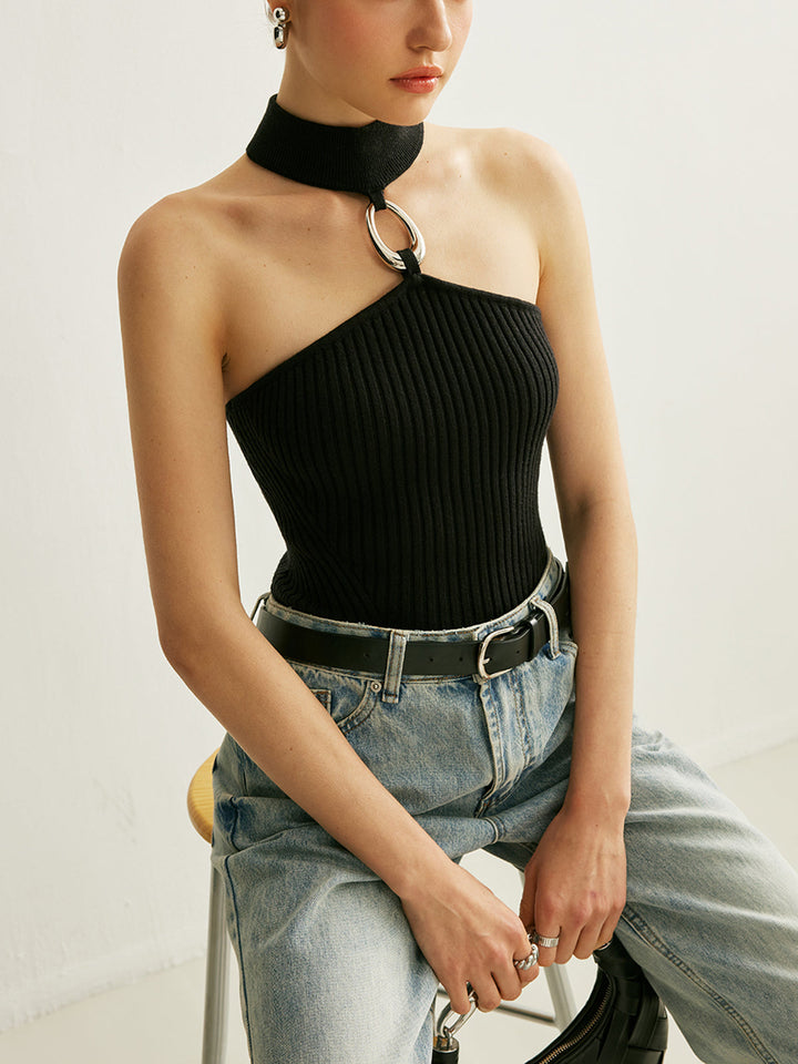 Ring Detail Geripptes Neckholder-Top