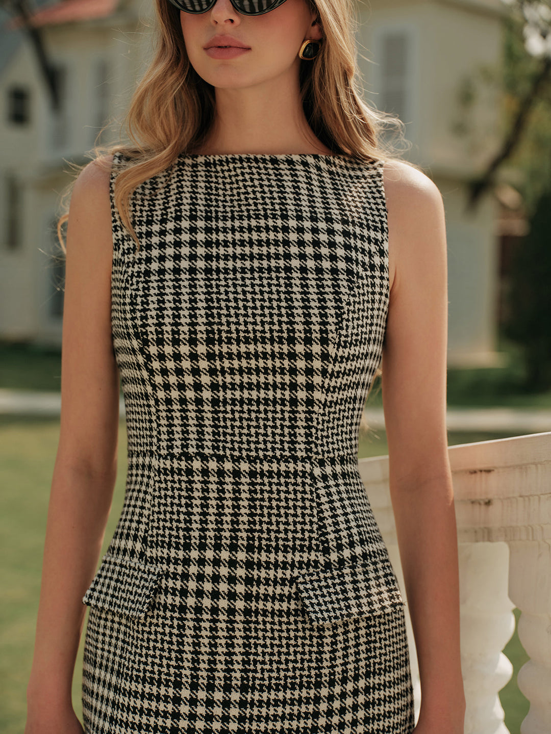 Houndstooth Tweed Reißverschluss Kleid