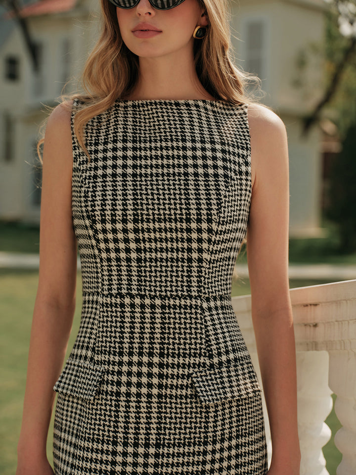 Houndstooth Tweed Reißverschluss Kleid
