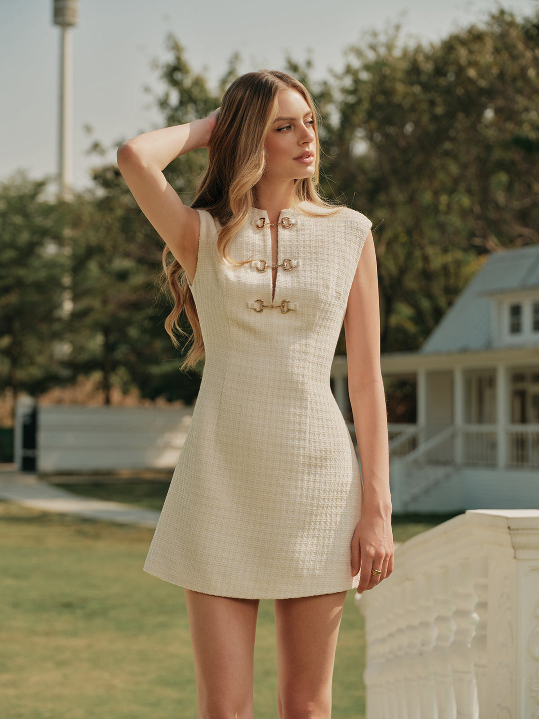 Metal Button Tweed Ärmelloses Kleid