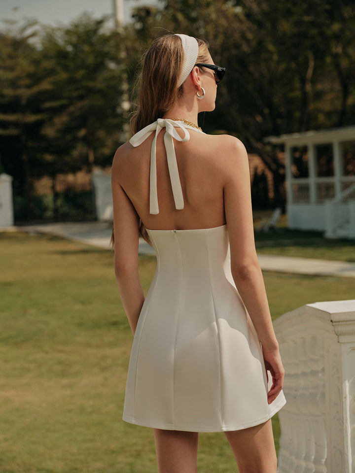 V-Ausschnitt Neckholder Kleid mit Knoten und Falten