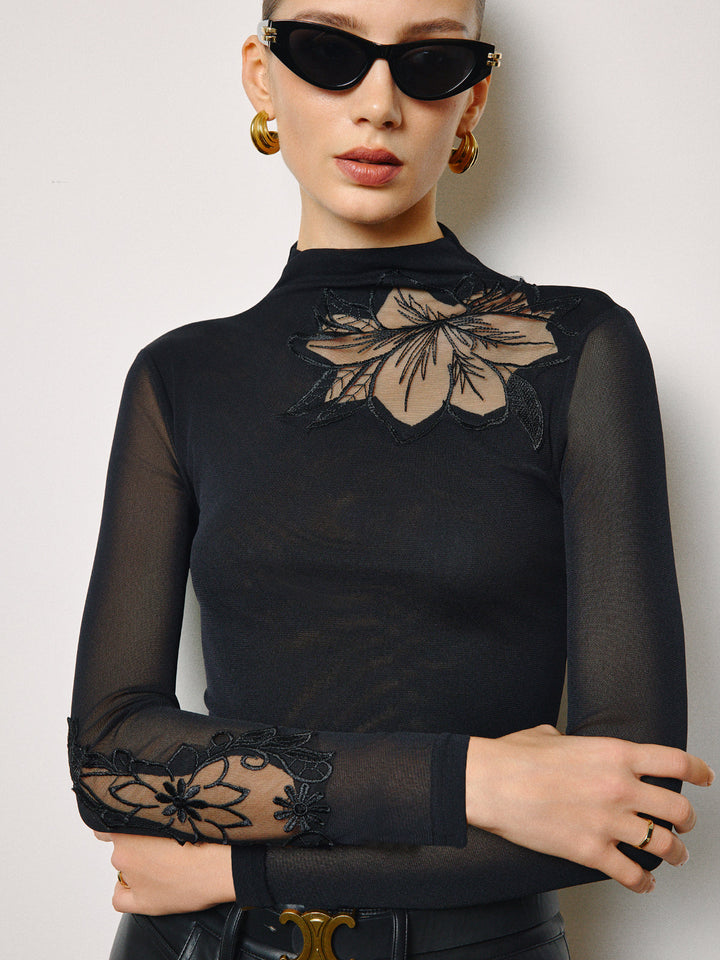 Semi-Sheer Mesh-Floral Slim Jersey Top auf Deutsch